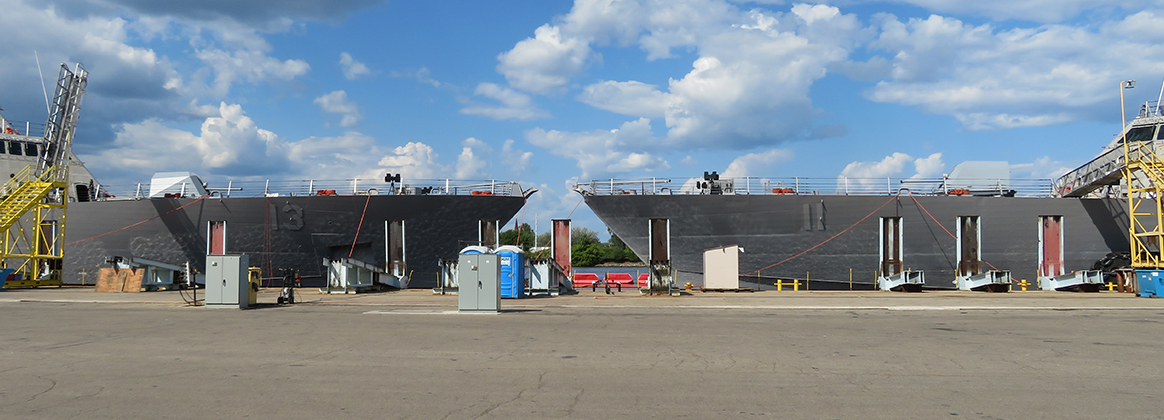 USS WICHITA (LCS 13) and USS SIOUX CITY (LCS 11) are berthed bow to bow 